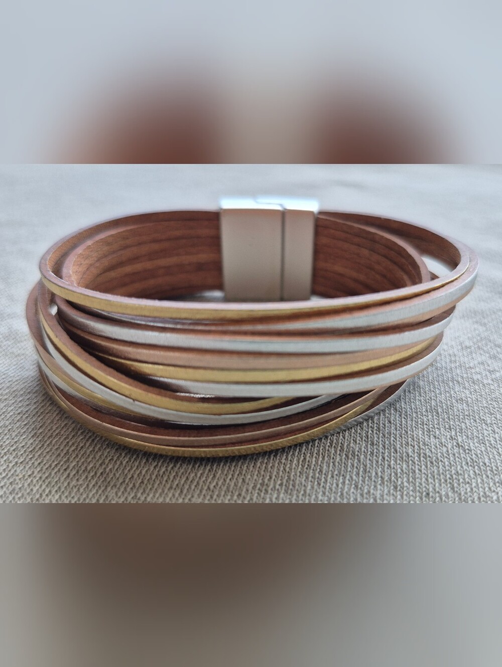 Multi-Strip Metallic and Brown Leather Bracelet